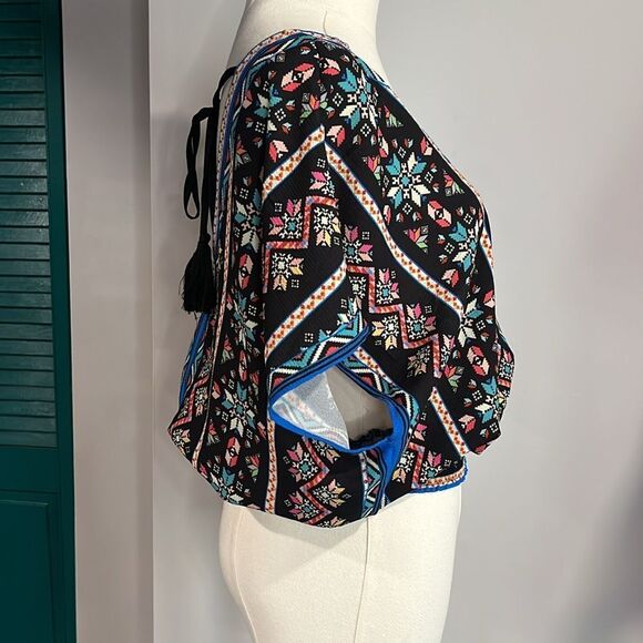 Flying Tomato Floral V-Neck Boho Women's Top - Black and Blue - small - Picture 3 of 6